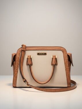 ✨ Michael Kors Croc Leather Canvas Satchel Crossbody Beige Brow ✨